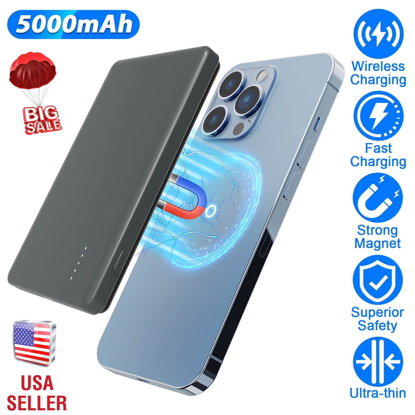 2 In 1 5000mAh 8MM Slim MagSafe Wireless Power Bank PD20W Magnetic Fast Charger Portable Phone Charger Fit for IOS Phone 15 14 13 12 Series And More
