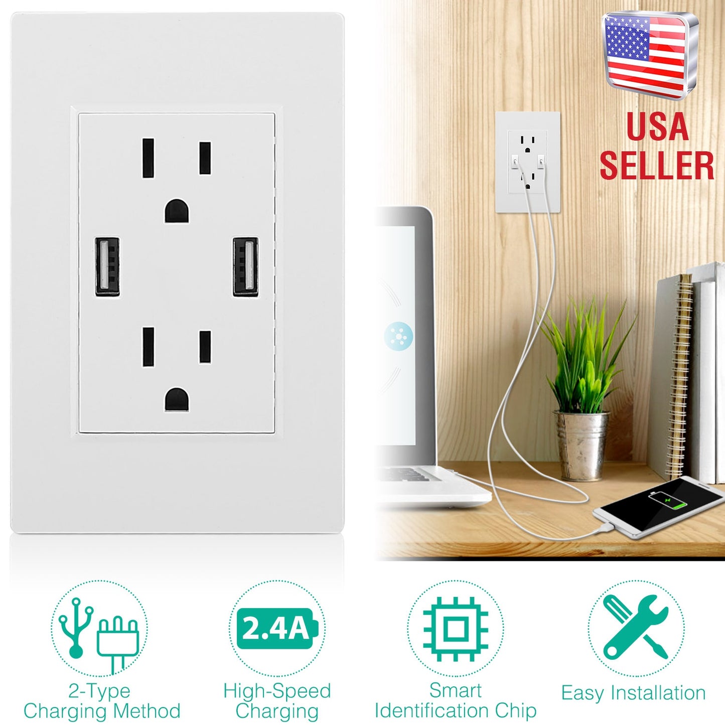 USB Wall Outlet Dual 2.4A USB Wall Charger High Speed Duplex Wall Socket US Standard