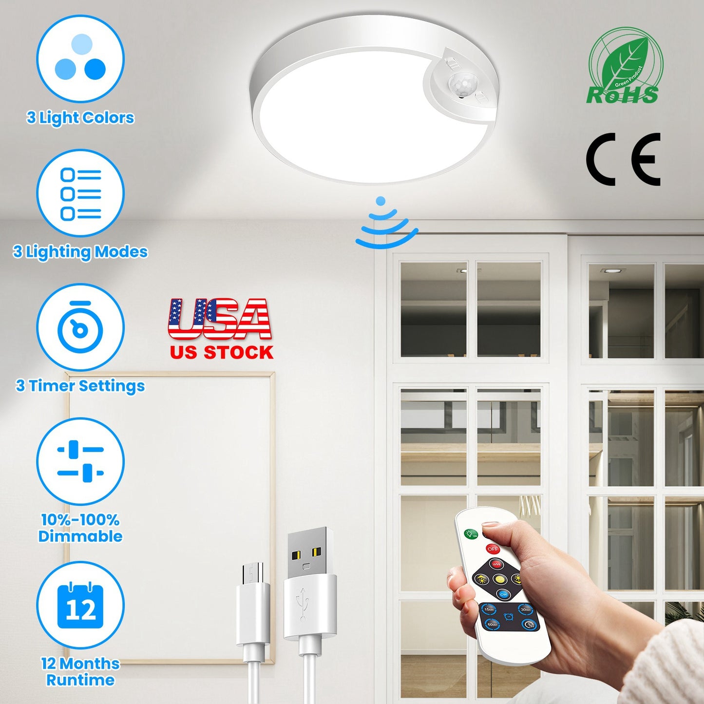Rechargeable Motion Sensor Ceiling Light Dimmable LED Ceiling Light with Remote Timer 3 Light Colors 3 Modes for Stairs Garage Bathroom