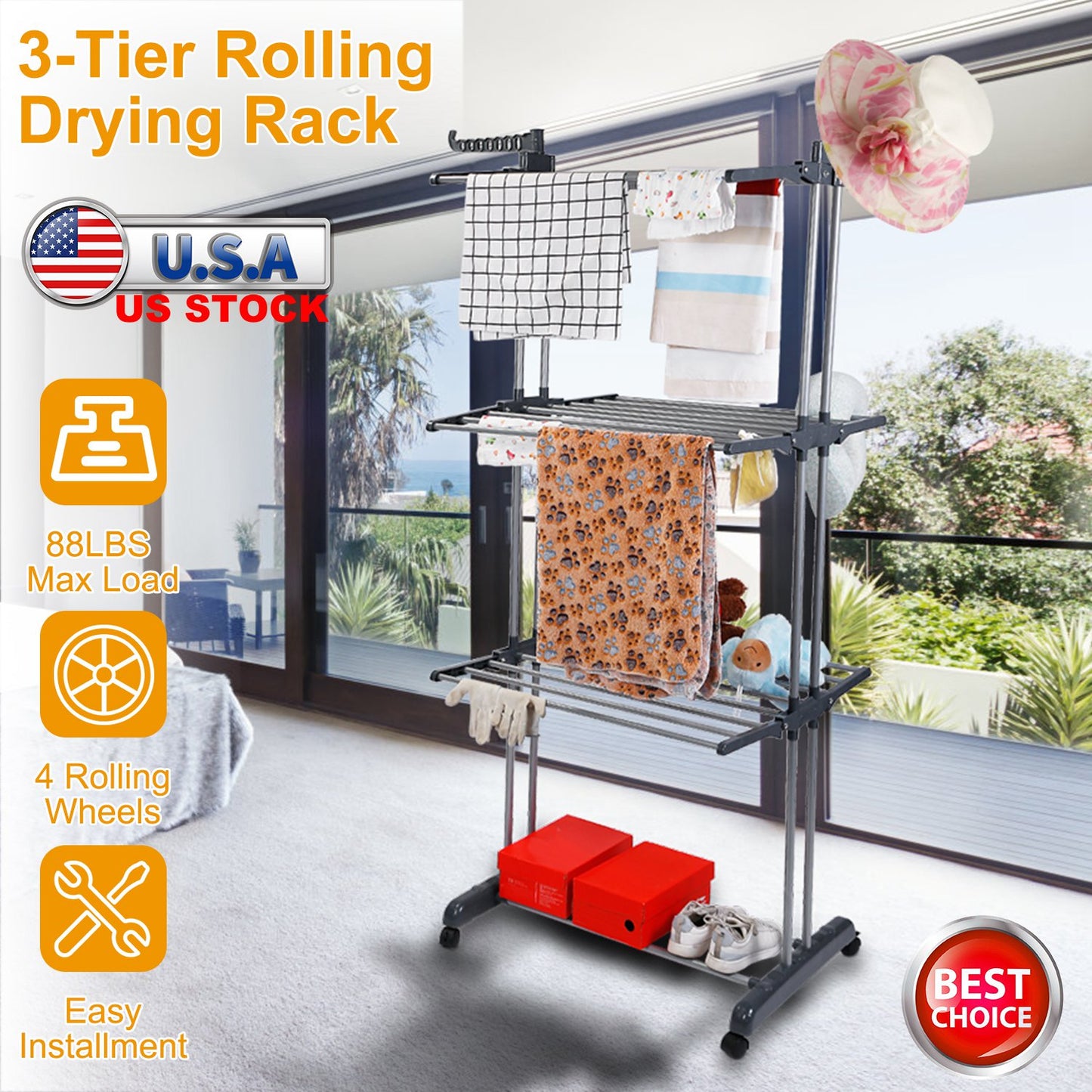 Clothes Drying Rack Rolling Collapsible Laundry Dryer Hanger Stand Rail ShelveWardrobe Clothing Drying Racks w/ Dual Side Wings
