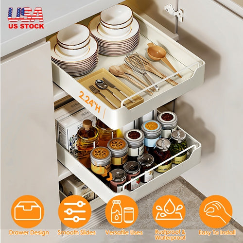 Pull Out Cabinet Organizer Stick On Drawer Carbon Steel Pull Out Shelf Slide Out Pantry Organizer for Kitchen Bathroom Living Room 11.93"Wx16.61"Dx2.2
