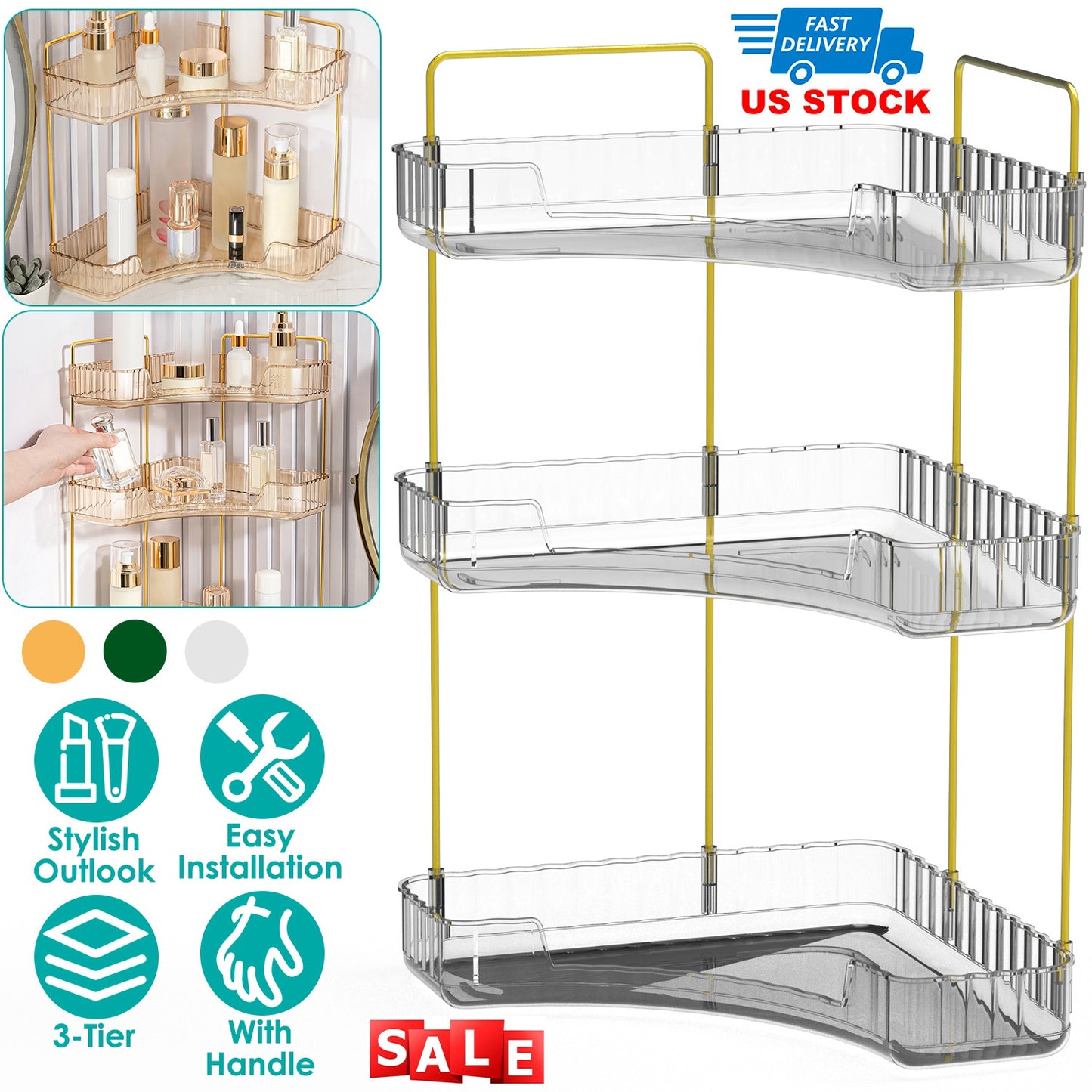 Bathroom Countertop Organizer 3 Tier Corner Makeup Storage Shelf Vanity Cosmetic Perfume Tray Clear Corner Rack for Bedroom Bathroom Kitchen