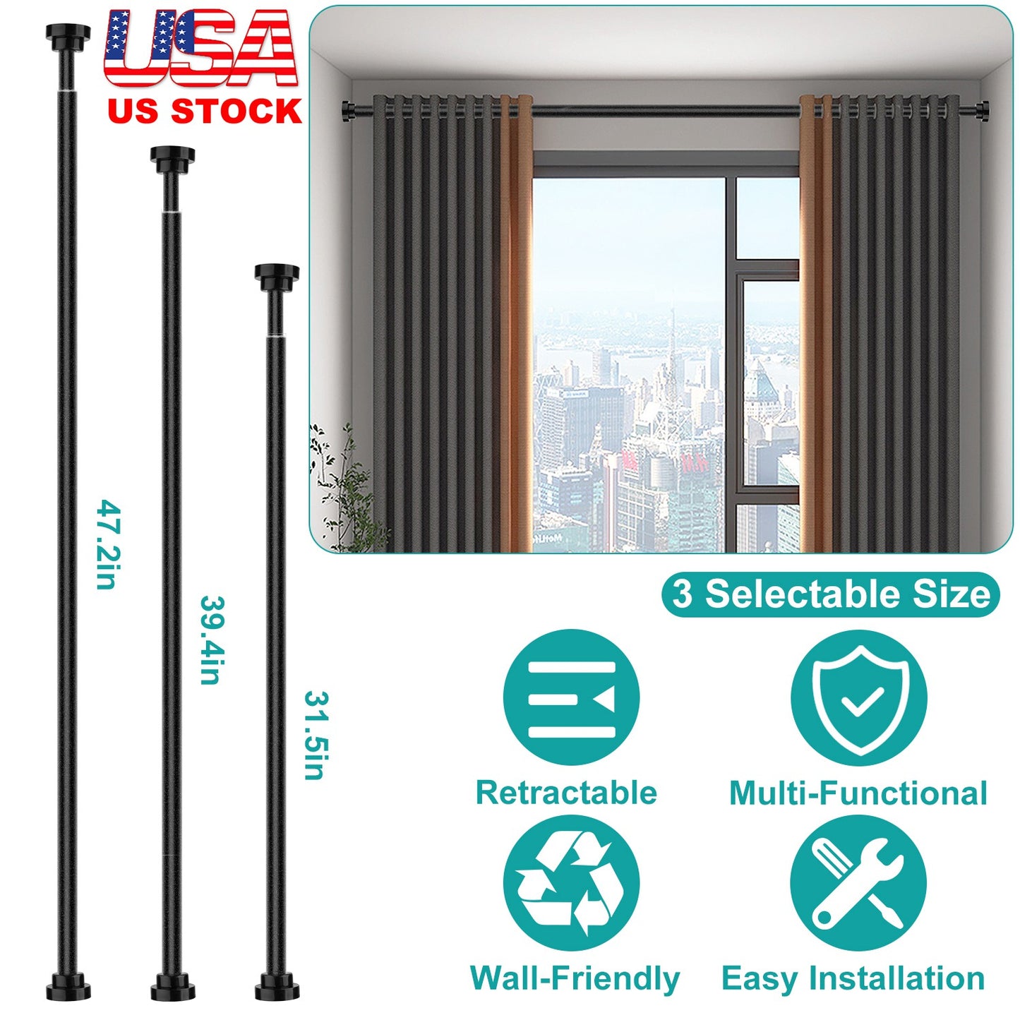 Shower Curtain Rod Adjustable Tension Curtain Rod Stainless Steel Spring Curtain Pole Heavy-Duty Steel for Bathroom Wardrobe Kitchen Balcony 31.5in/39