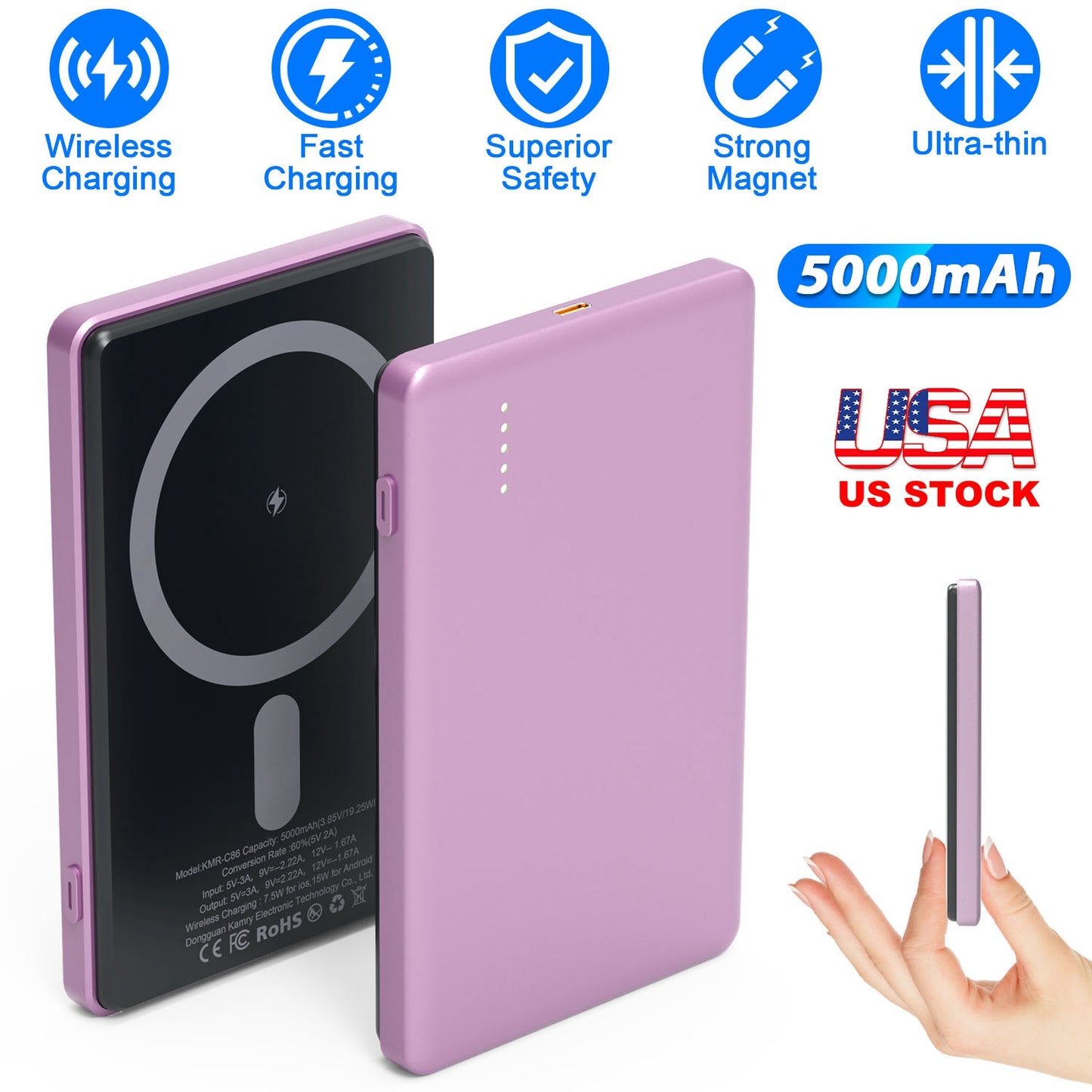2 In 1 5000mAh 8MM Slim MagSafe Wireless Power Bank PD20W Magnetic Fast Charger Portable Phone Charger Fit for IOS Phone 15 14 13 12 Series And More