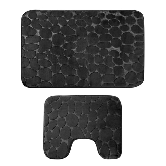 2 Pcs/Set Bathroom Rugs Luxury Flannel Non-Slip Bathroom Rugs Set Soft Pebbles Shower Absorbent Carpet U-Shaped Toilet Mat Washable for Bathroom Entra