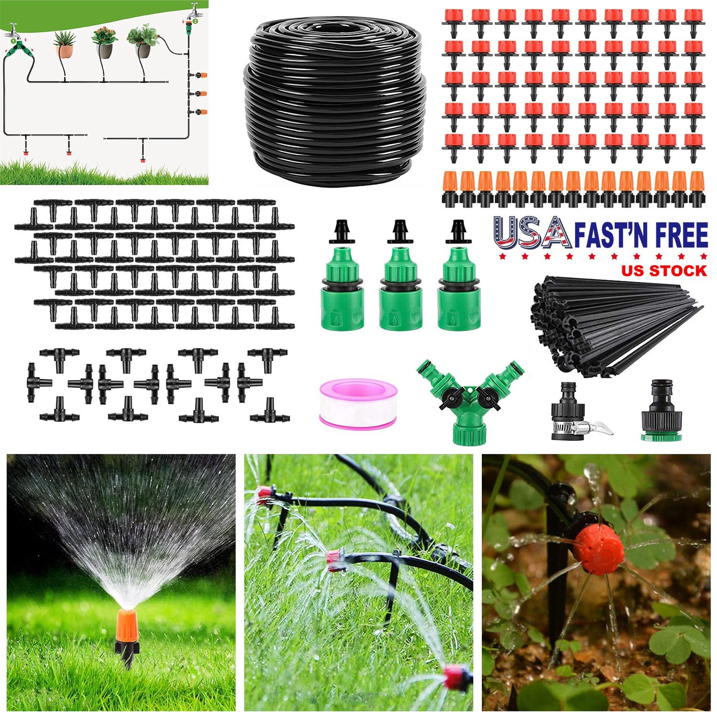 164FT Drip Irrigation Kit Automatic Garden Irrigation System Misting Plant Watering Drip Kit for Garden Greenhouse Flower Bed Patio Lawn