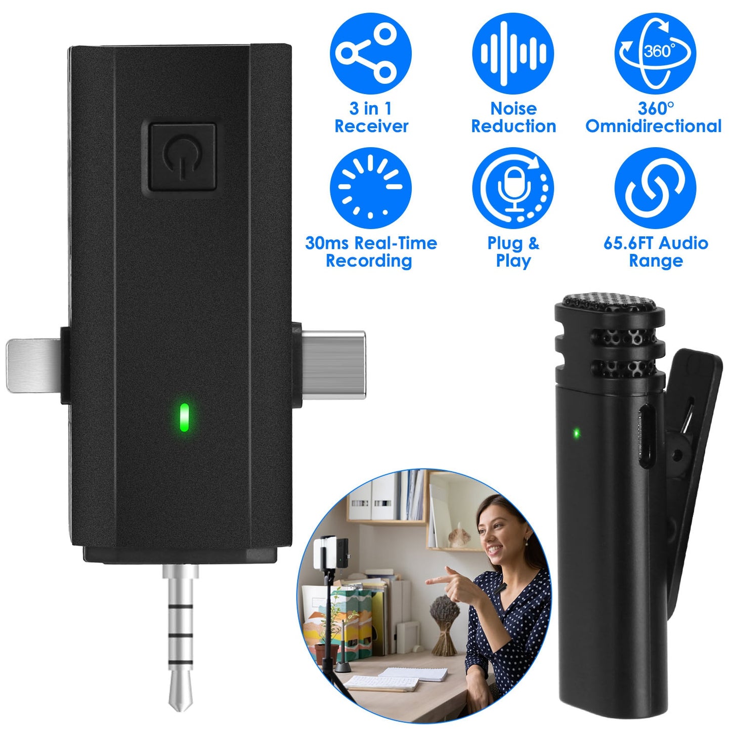1Pc 3 in 1 Wireless Clip On Microphone Omnidirectional Mic Noise Reduction Plug and Play 65.6FT Transmission Type-C IOS PC Video Record Interview Vlog