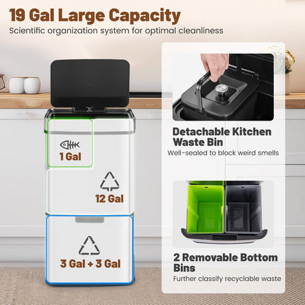 19 Gal Stainless Steel Trash Can with Kitchen Waste Bin and 2 Bottom Recycling Bins-Silver