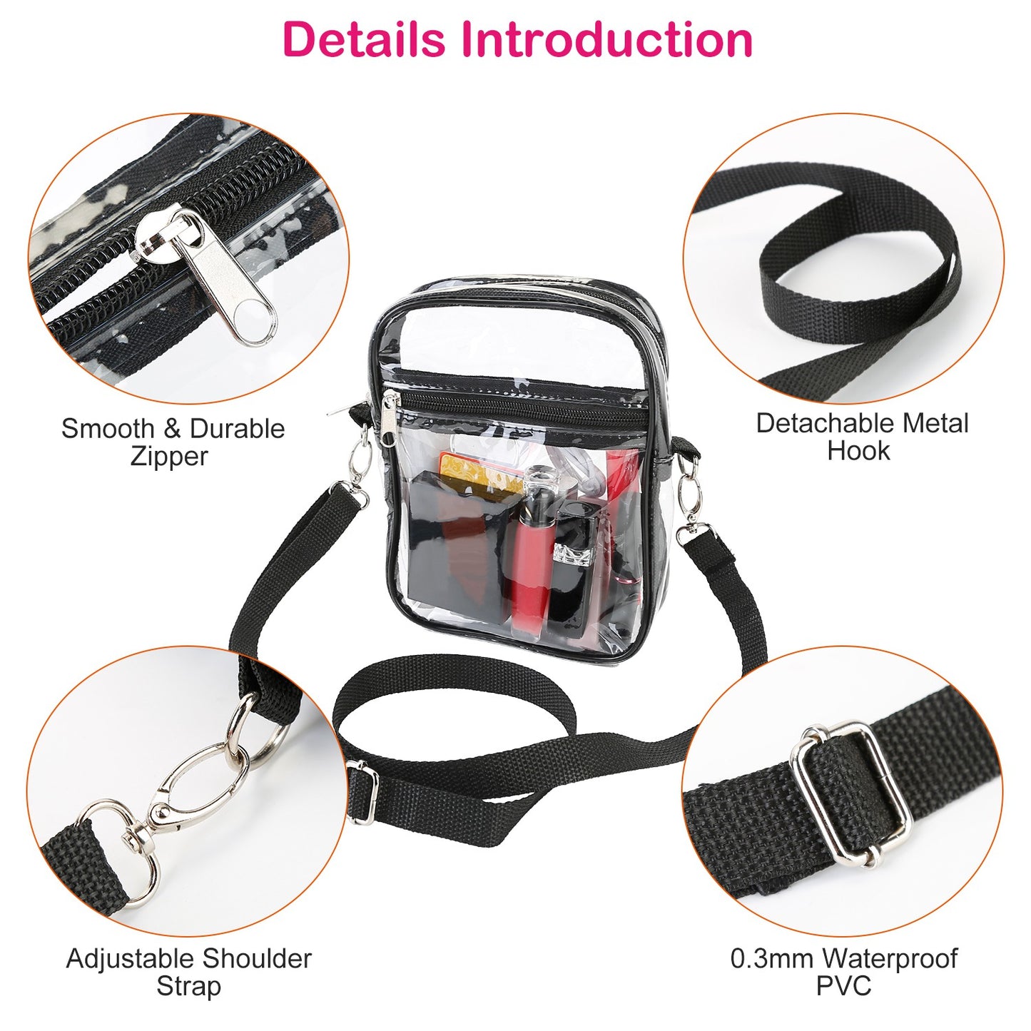 Clear Crossbody Bag Stadium Approved Clear Purse Transparent Small Shoulder Bag See Through Zip Pouch Tote Bag Handbag 44OZ w/ Adjustable Strap