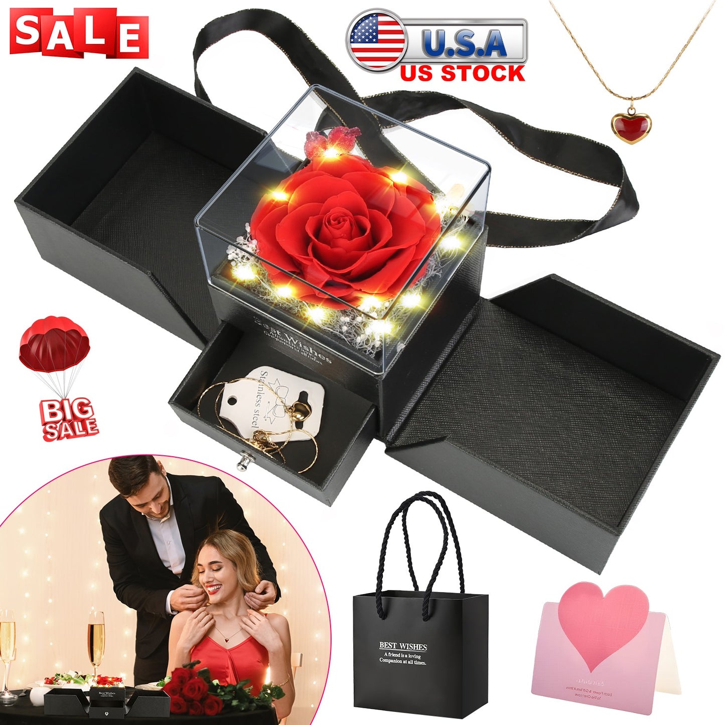 Preserved Red Real Rose with Heart Necklace Eternal Flowers Rose with Golden Necklace Gifts for Women Mom Wife Girlfriend Grandma on Valentine Mother