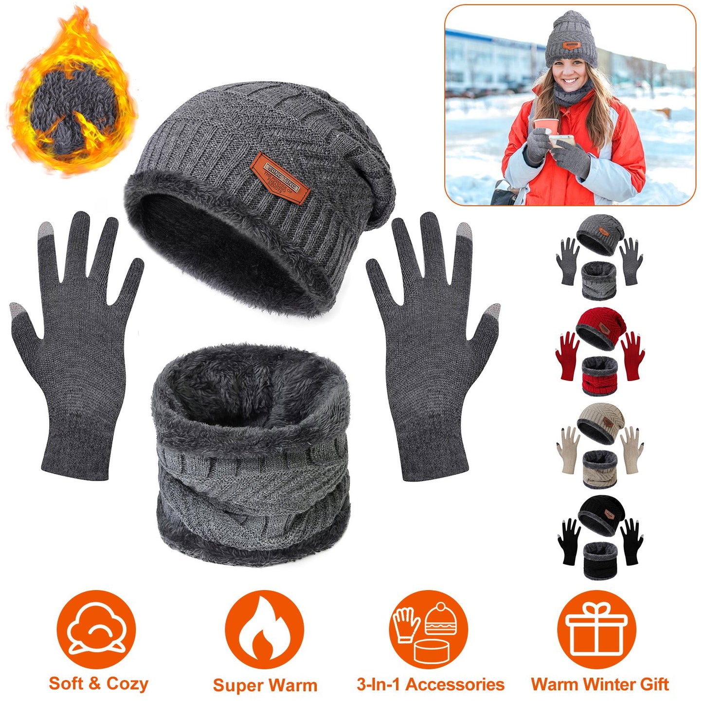 Winter Knitted Hat Scarf Gloves 3Pcs Winter Warm Beanie and Touch Screen Gloves Scarf Set Knit Beanie Skull Cap Neck Warmer Mittens for Men Women