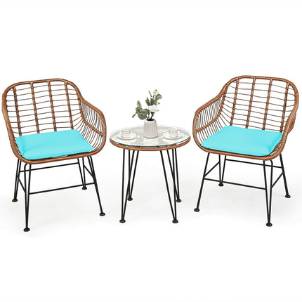 3-Piece Rattan Bistro Set with Cushions and Glass Table