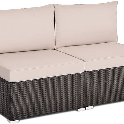 2 Pieces Patio Rattan Armless Sofa Set with 2 Cushions and 2 Pillows