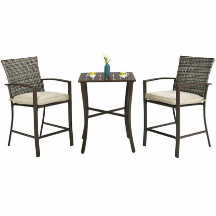 3 Pieces Rattan Bar Furniture Set with Slat Table and 2 Cushioned Stools