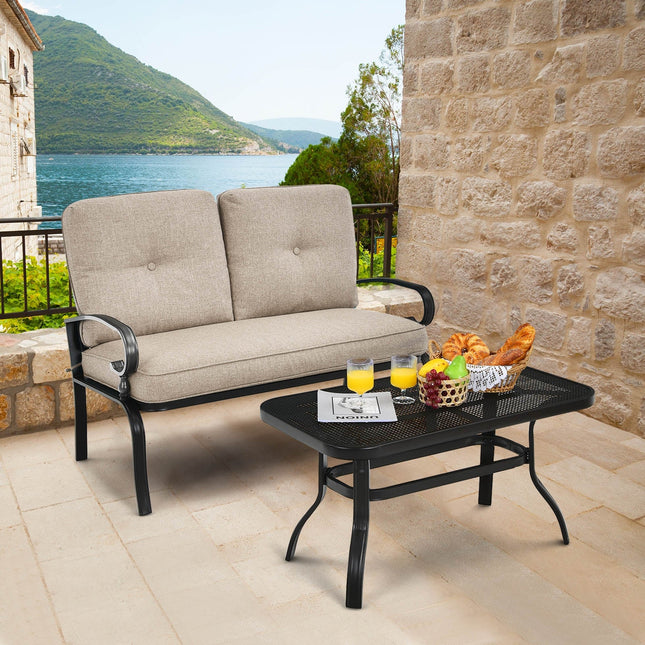 2 Pieces Patio Loveseat Bench Table Furniture Set with Cushioned Chair-Blue