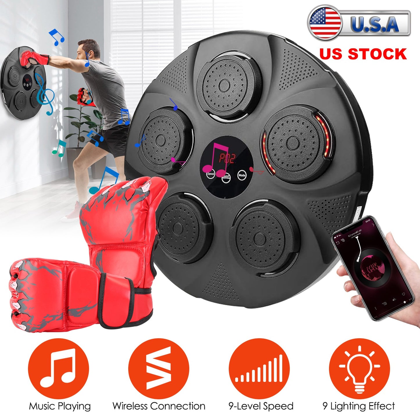 Music Boxing Machine Electronic Wall Target Punching Pad LED Lighted Sandbag Boxing Training Machine Exercise Equipment with Half Finger Adult Boxing