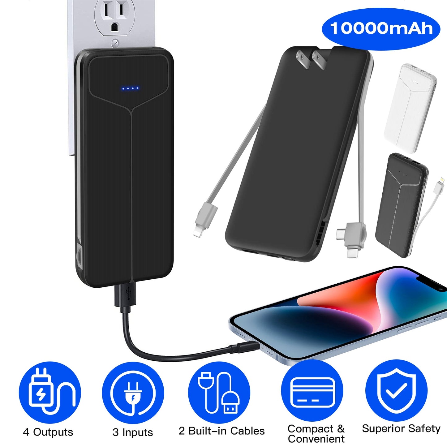 10000mAh Power Bank Portable Charger with US Plug 2 Built-in Cables External Battery Pack with 4 Ouputs 3 Inputs Fit For IOS Phone 14 Android And More
