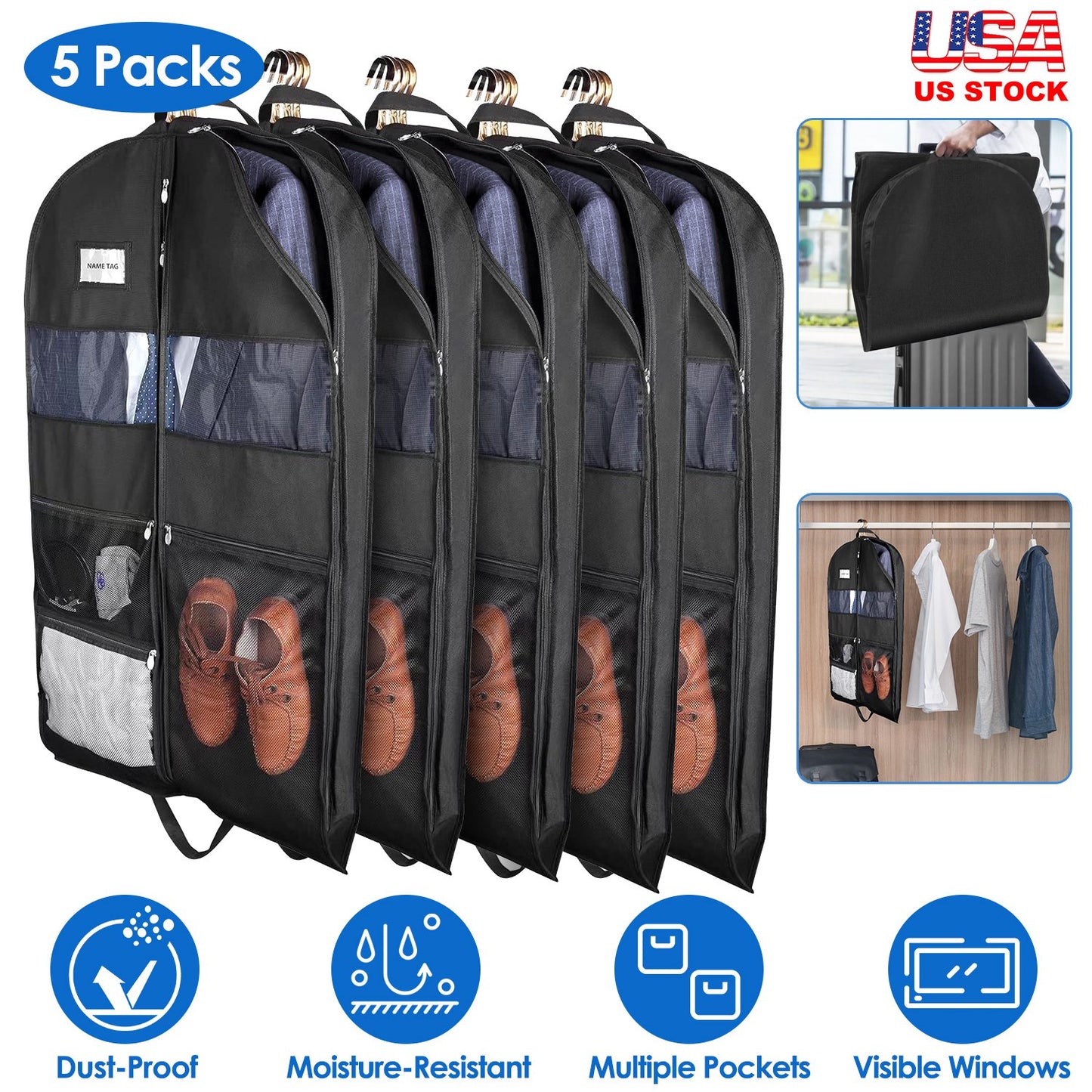 5 Packs Garment Bags Breathable Suit Bag Washable Clothes Cover Protector with Handles for Suits Coat Shirts T-shirts Jackets Dress for Adults Childre