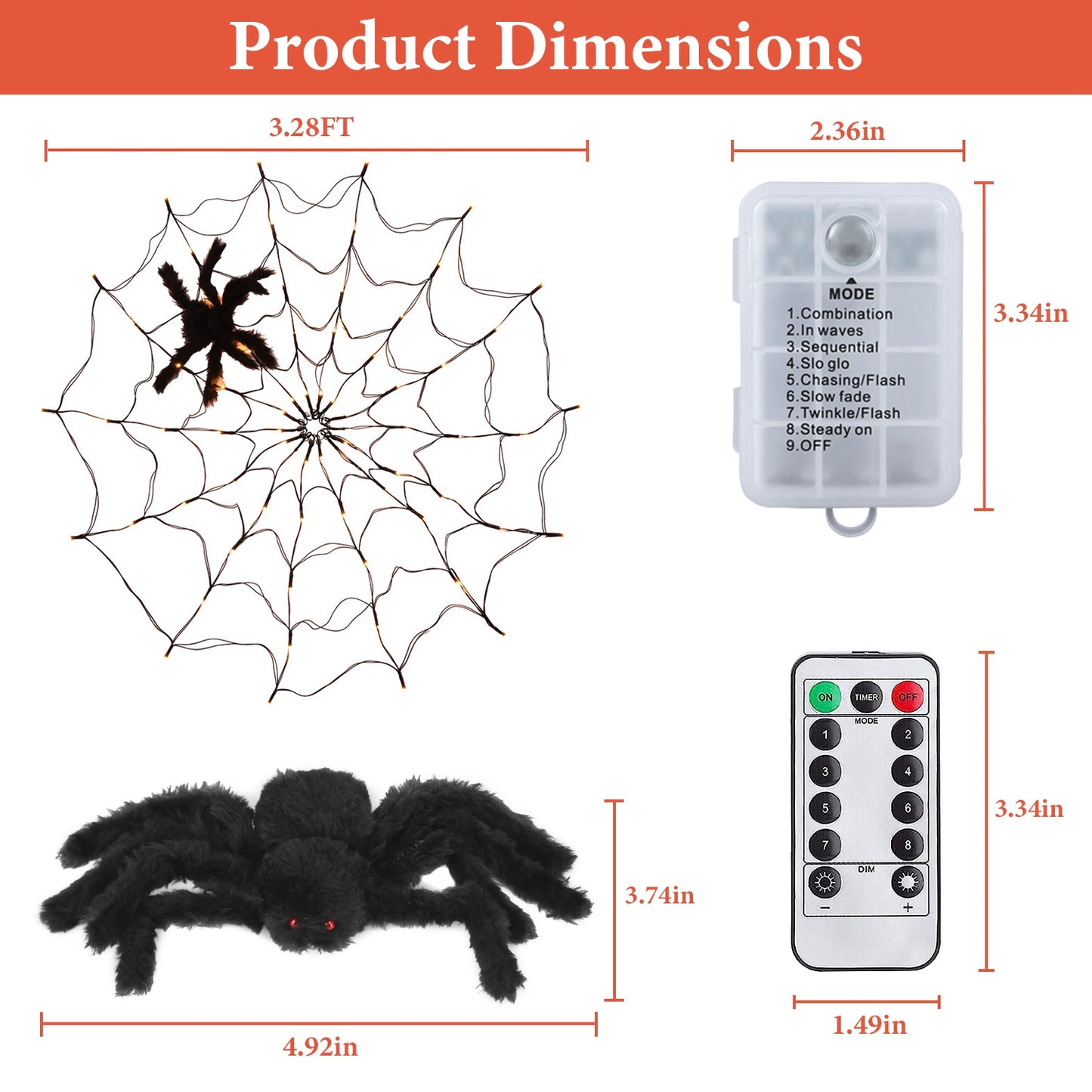 LED Spider Web Light – 3.28FT, 70LED, Remote Control, 8 Modes