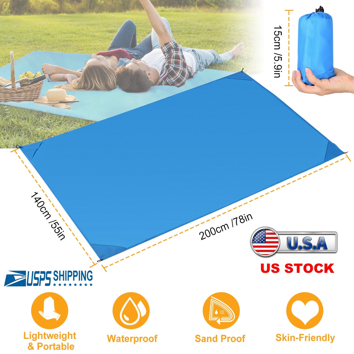 Portable Beach Blanket 4.6Õ x 6.6Õ Waterproof Foldable Camping Rug Pocket Sandproof Picnic Mat for Camping Picnic Hiking Grass Travel