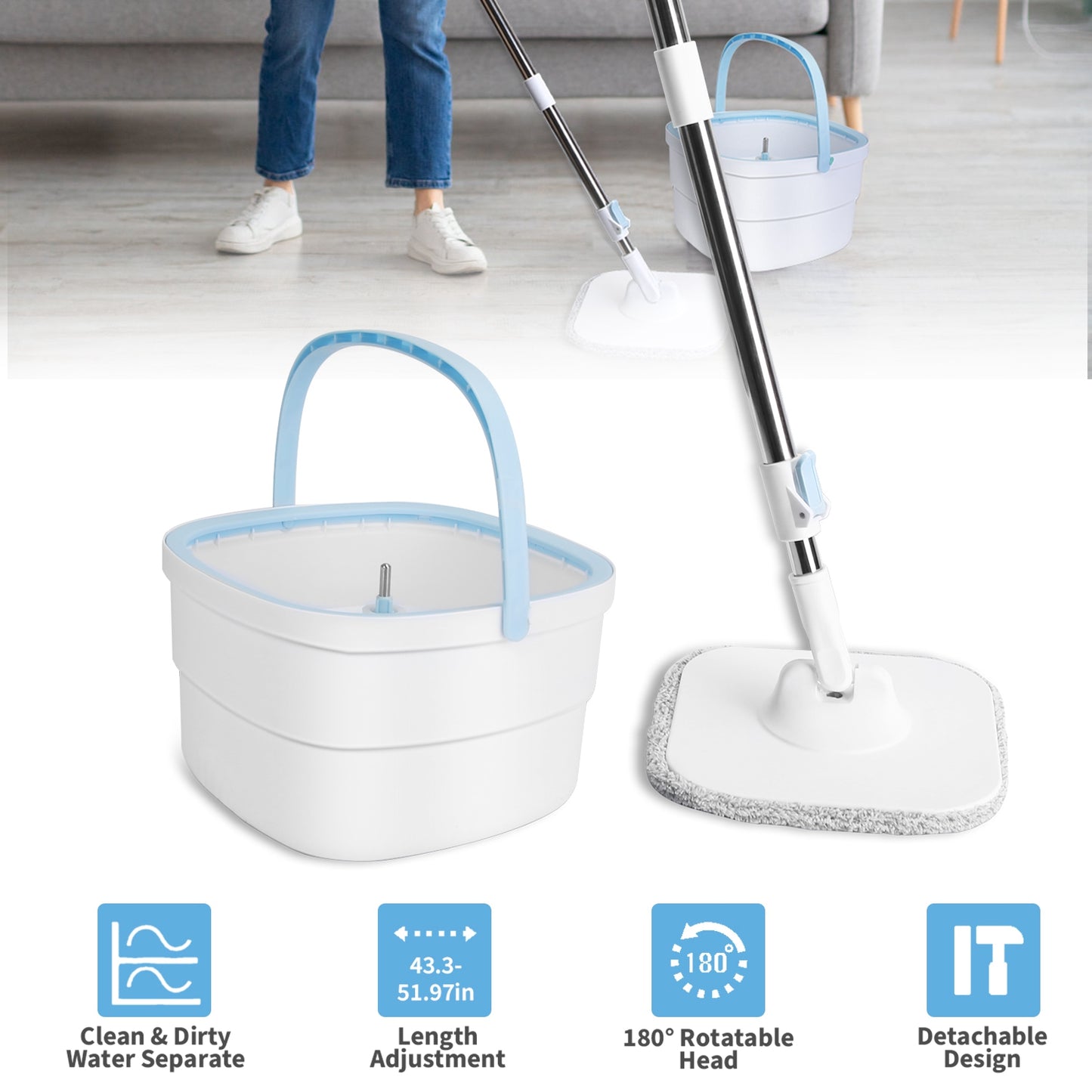 Spin Mop and Bucket with Wringer Set Flat Floor Mop with Clean and Dirty Water Separate System 2 Replaceable Reusable Washable Microfiber Mop Pads