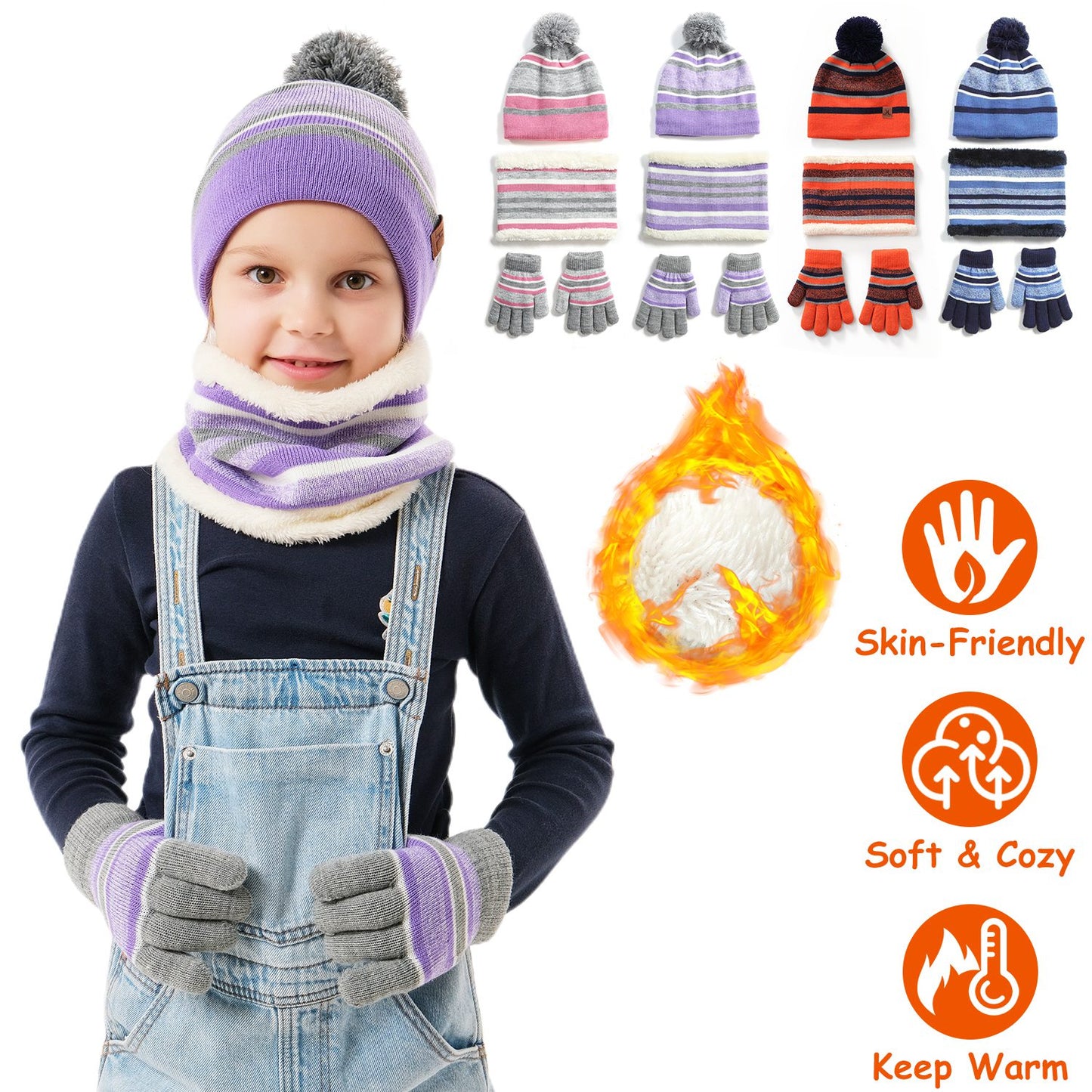 Winter Kids Knitted Hat Scarf Gloves 3Pcs Boys Girls Winter Warm Beanie Hat and Glove Scarf Set Beanie Neck Warmer Mittens for 4-7-Year-Old Kids