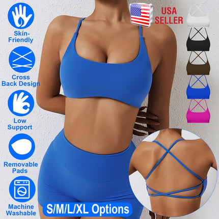 Women Cross Back Sport Bras Padded Strappy Crop Open Back Low Impact Bras Sexy Fitness Tank Tops with Removable Pads Thin Straps for Gym Yoga Workout