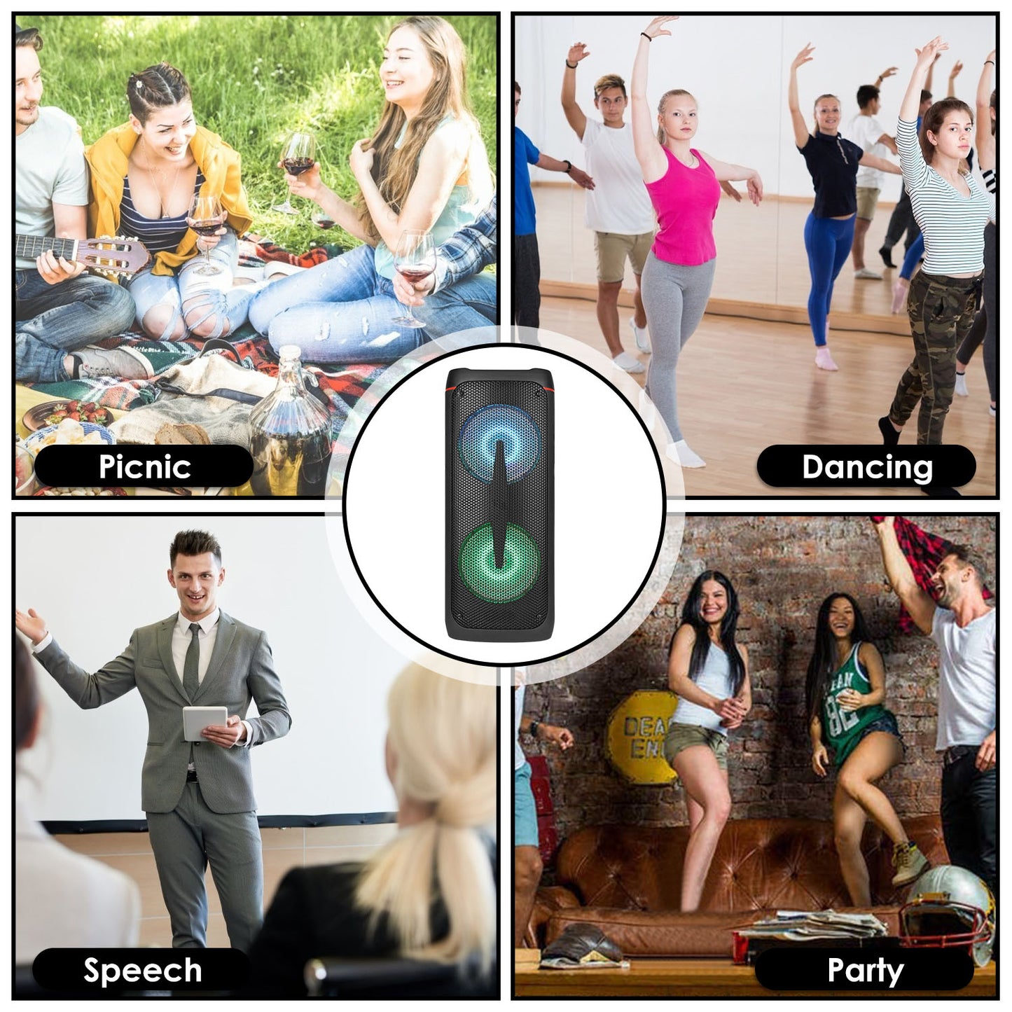Portable Wireless Party Speaker RGB Colorful Lights DJ PA System with TWS Function FM Radio USB MMC Card Reading Aux In Recording Function Mic Priorit