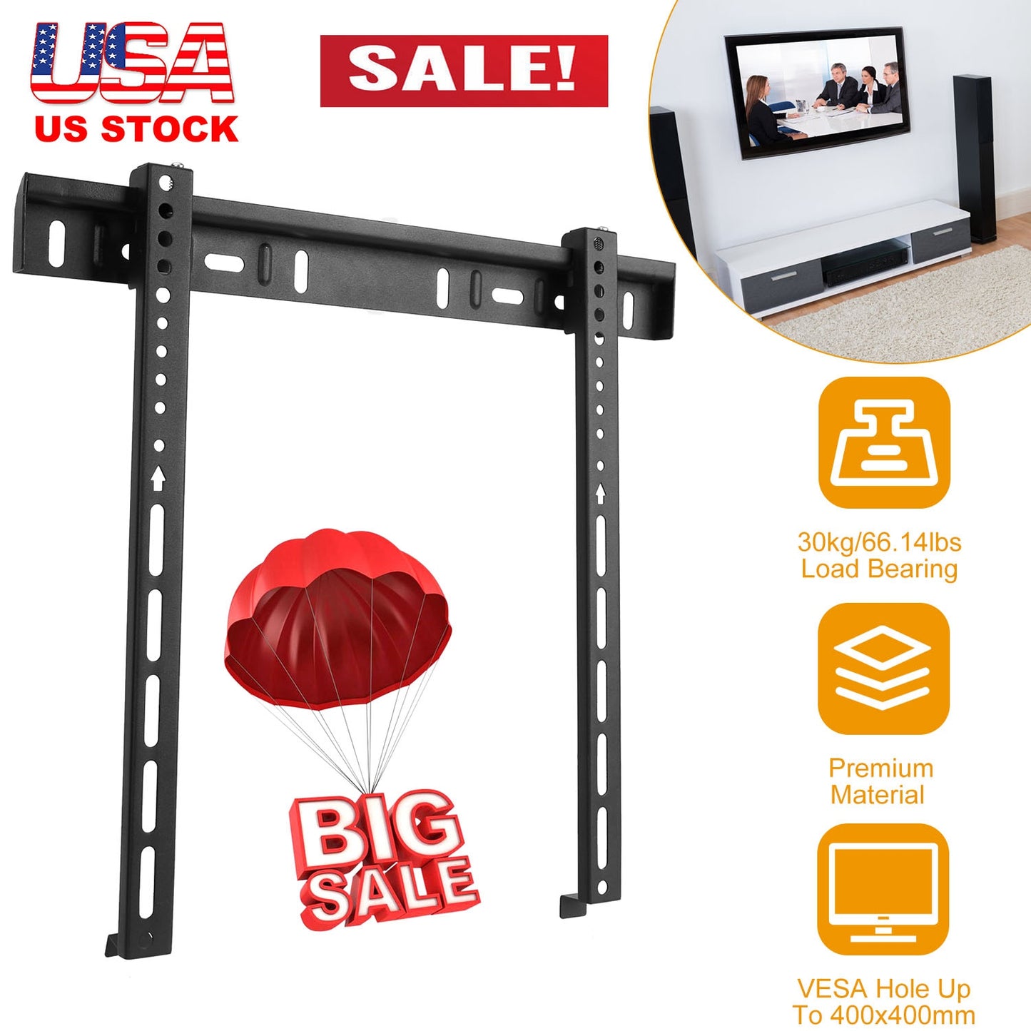 TV Wall Mount TV Wall Holder Bracket Support 32-65 inch Flat TV Max Hole Distance 400x400mm Hold Up To 30kg/66.14lbs