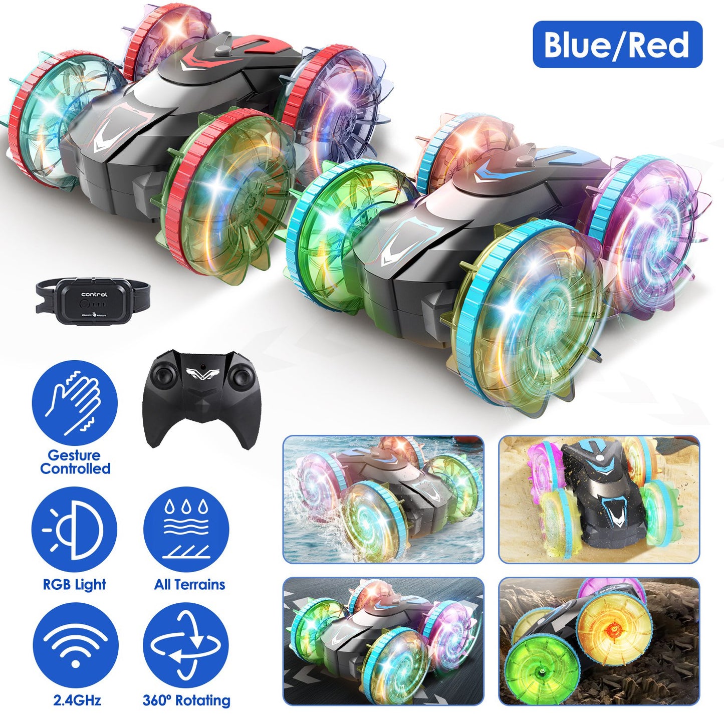 2 In 1 Amphibious RC Car Waterproof Stunt Car with Wrist Controller 4WD 360¡ Rotating Gesture Car with RGB Lights for Kids Aged 6+ Years Old Double-si