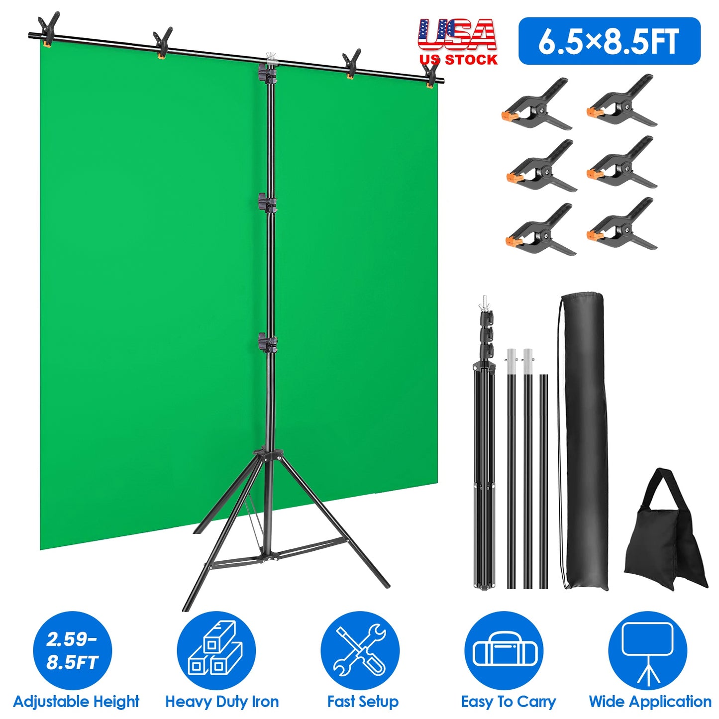 6.5 8.5FT T-Shape Photo Video Backdrop Stand Heavy Duty Background Stand Adjustable Photography Backdrop Stand with 6 Spring Clamps Sandbag Carry Bag