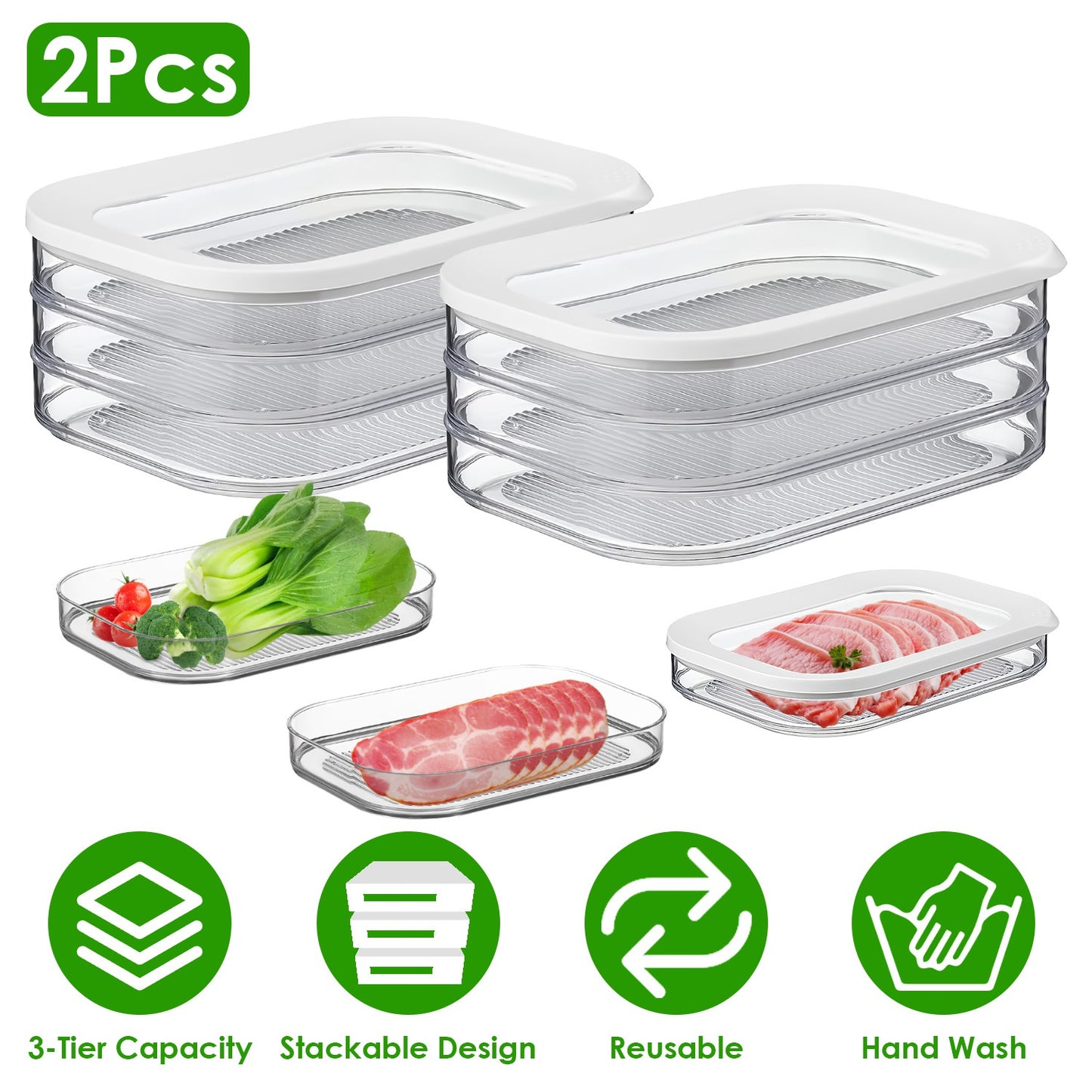 2Pcs Deli Meat Container With Lid for Fridge Stackable Bacon Container Clear Food Storage Box with Lid Meal Prep Container for Lunch Meat Salami Cold