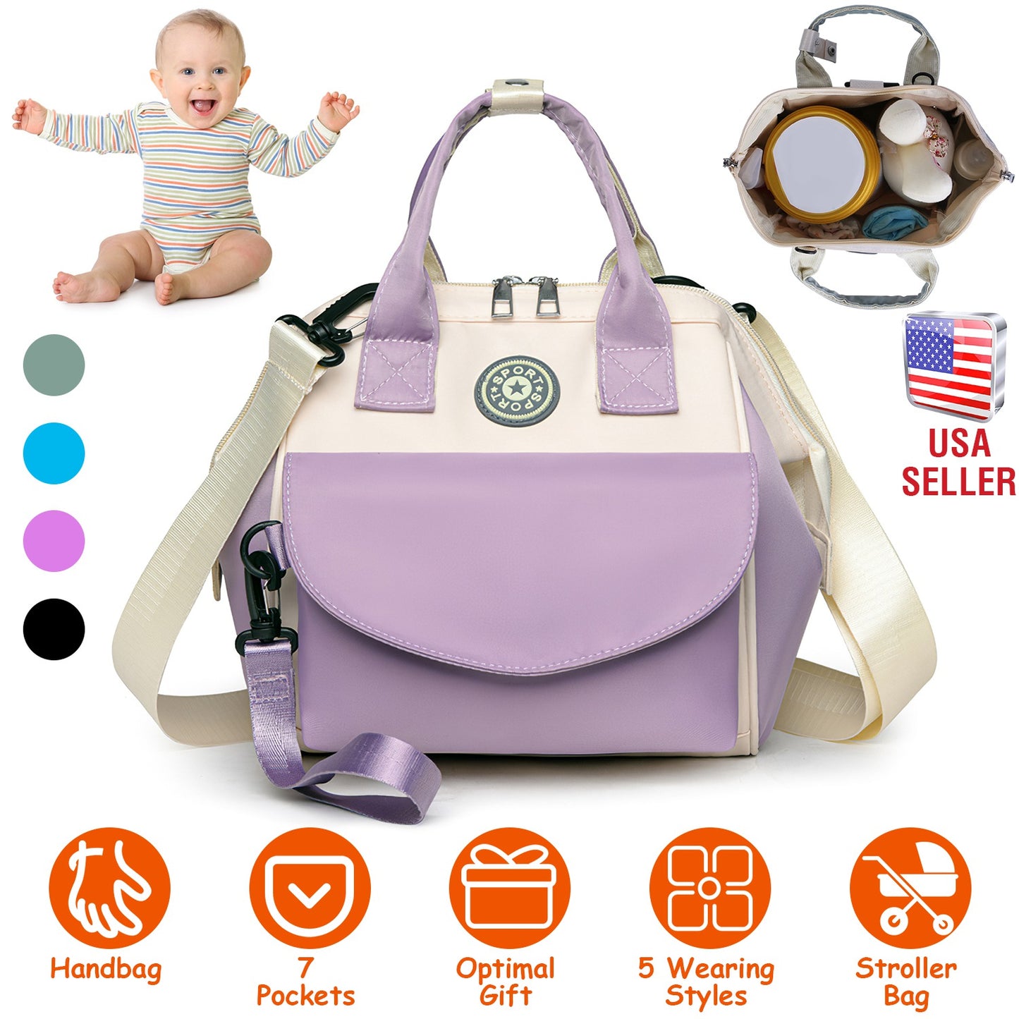 Baby Nappy Diaper Bag with 6 Pockets Burp Cloth Adjustable Shoulder Strap Detachable Small Bag Multifunctional Diaper Changing Bag with 2 Insulated Po