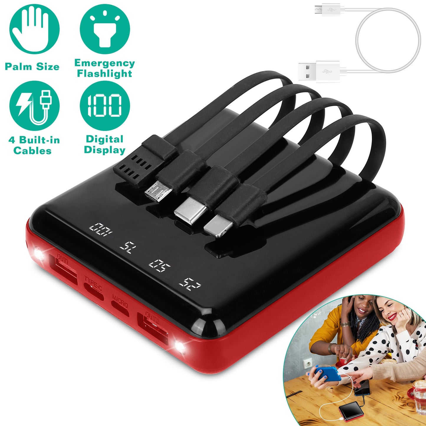 10000mAh Portable Charger Power Bank External Battery Pack w/ 4 Built-in Cables w/ LED Flashlight