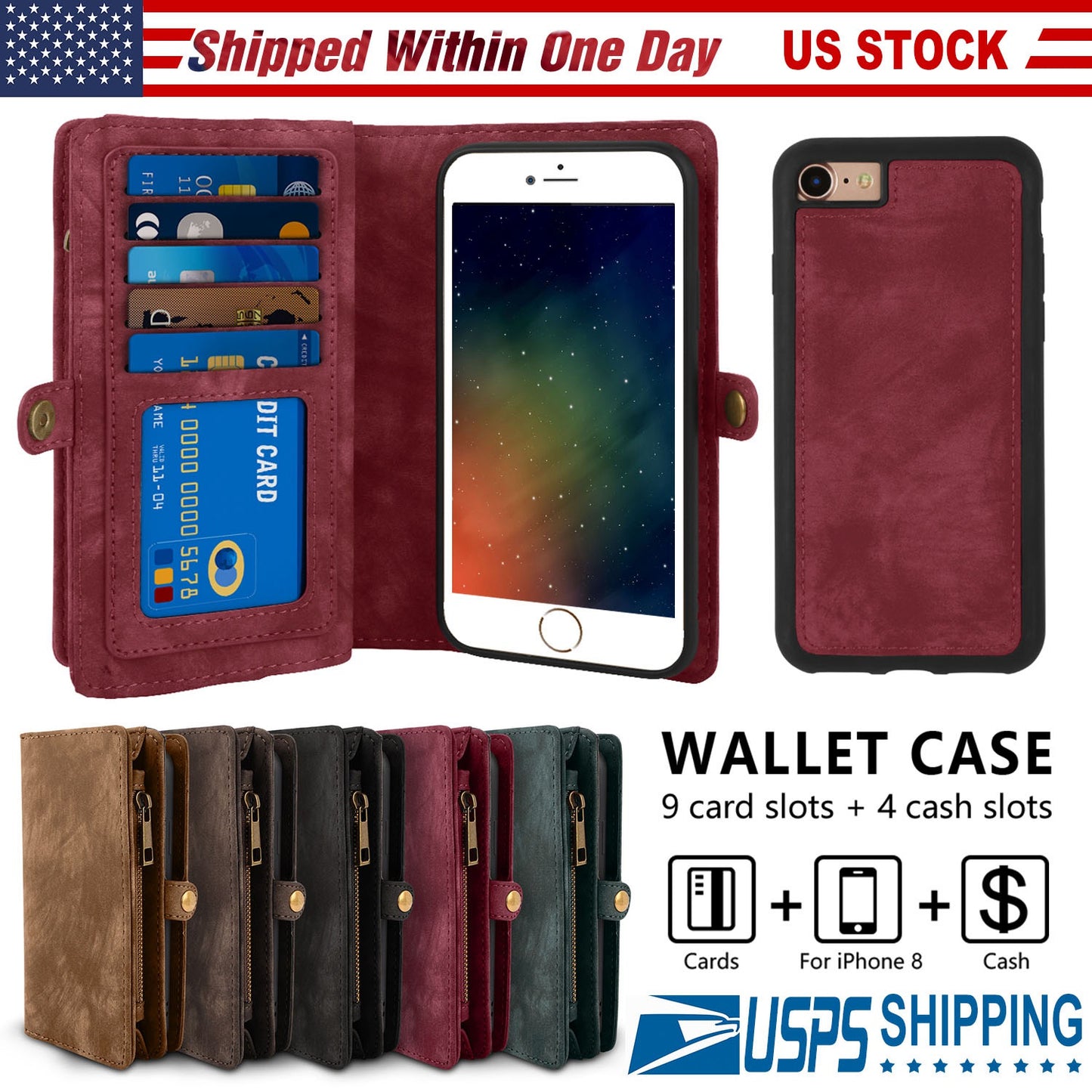 Phone Wallet Case For iPhone 8 Portable Wallet Case 2 in 1 Leather Zipper Magnetic Detachable 13 Card Slots Money Pocket Clutch Cover W/ID Widows