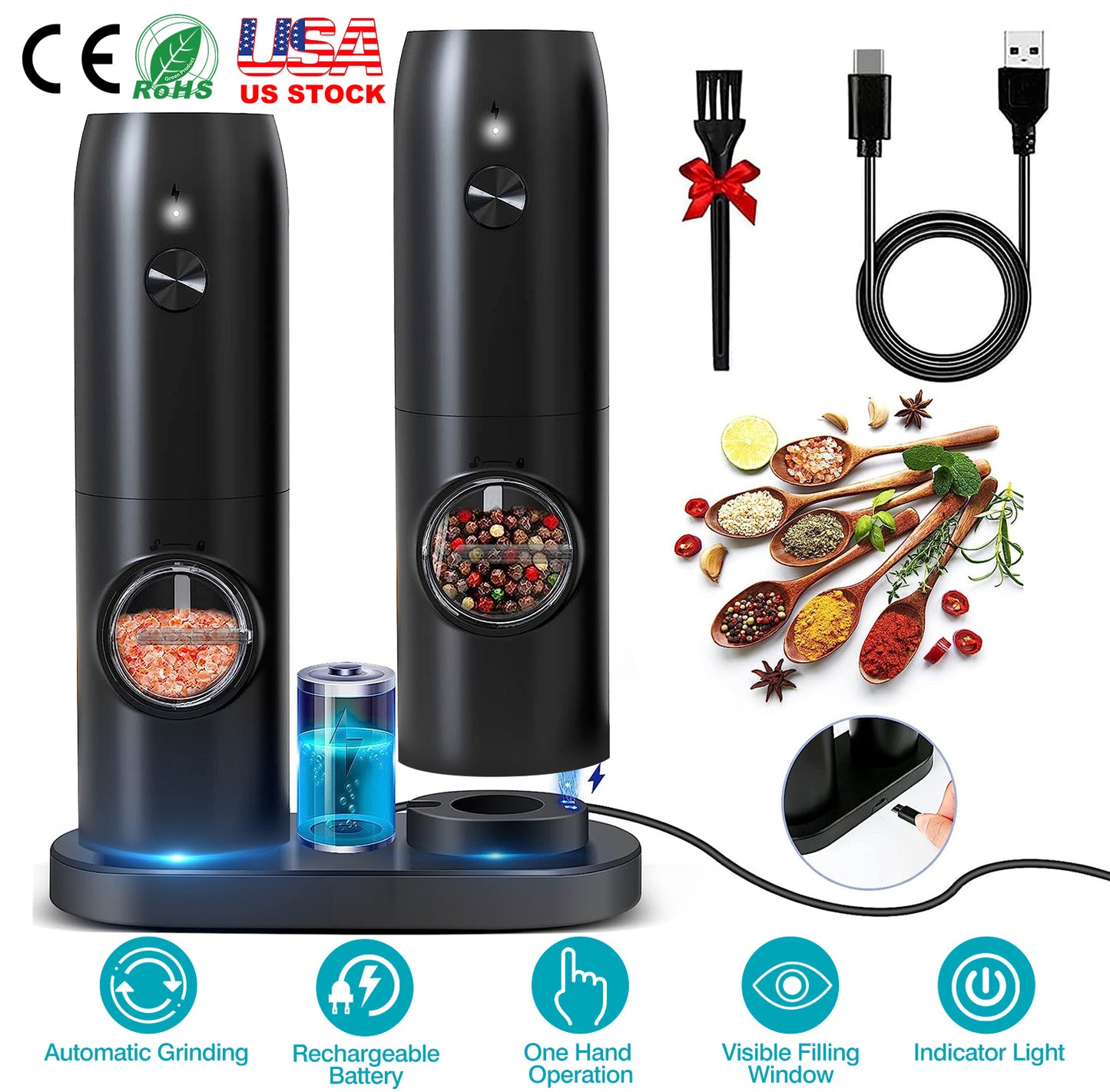 Electric Salt and Pepper Grinder Rechargeable Charging Base Automatic Salt Mill LED Indicator Adjustable Coarseness One Hand Easy Operation