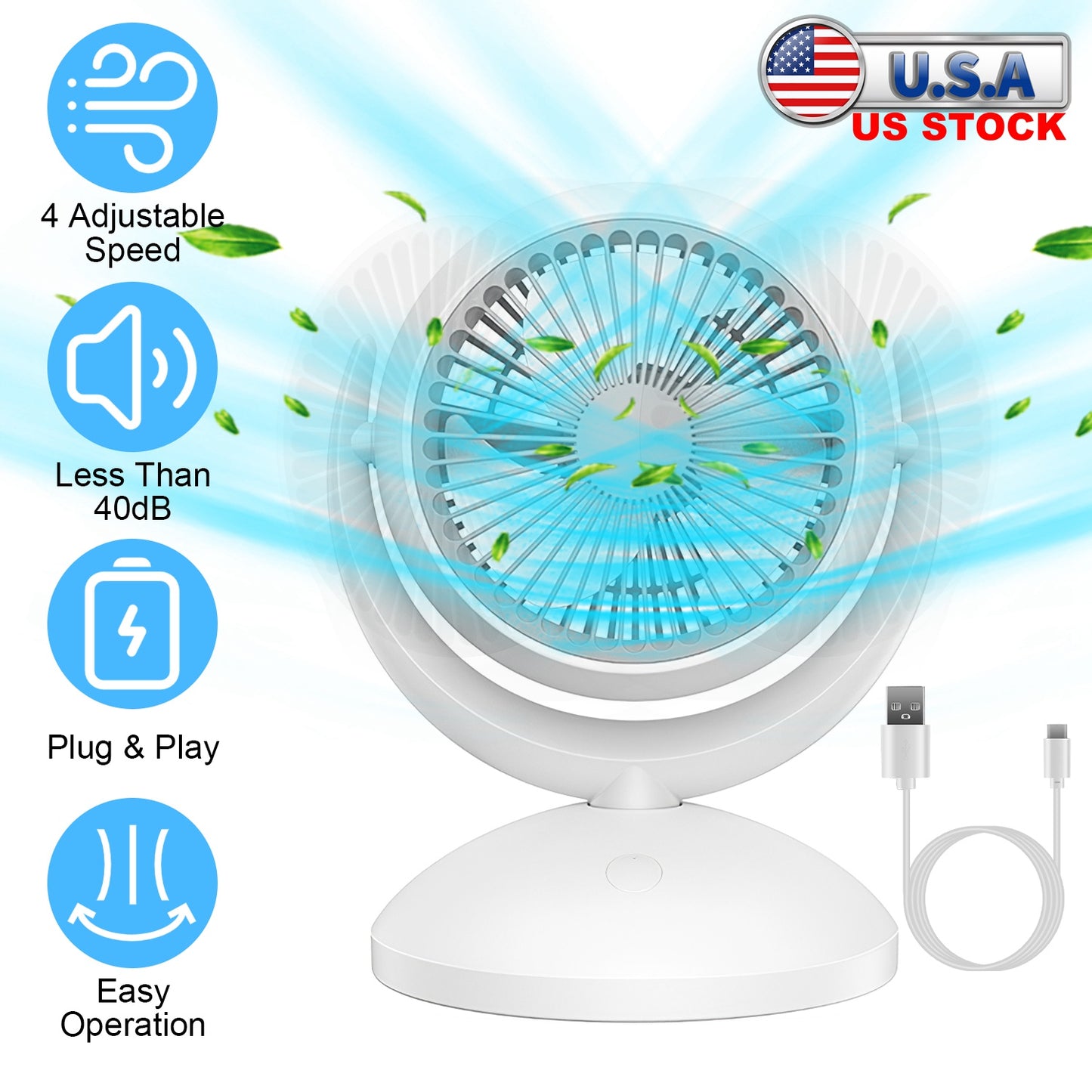 Air Circulator Desk Fan Portable Desktop Rechargeable Oscillating Fan with 4 Speeds 360 Degree Tilt Head Automatic Rotation Quiet 40dB Table Fan for H