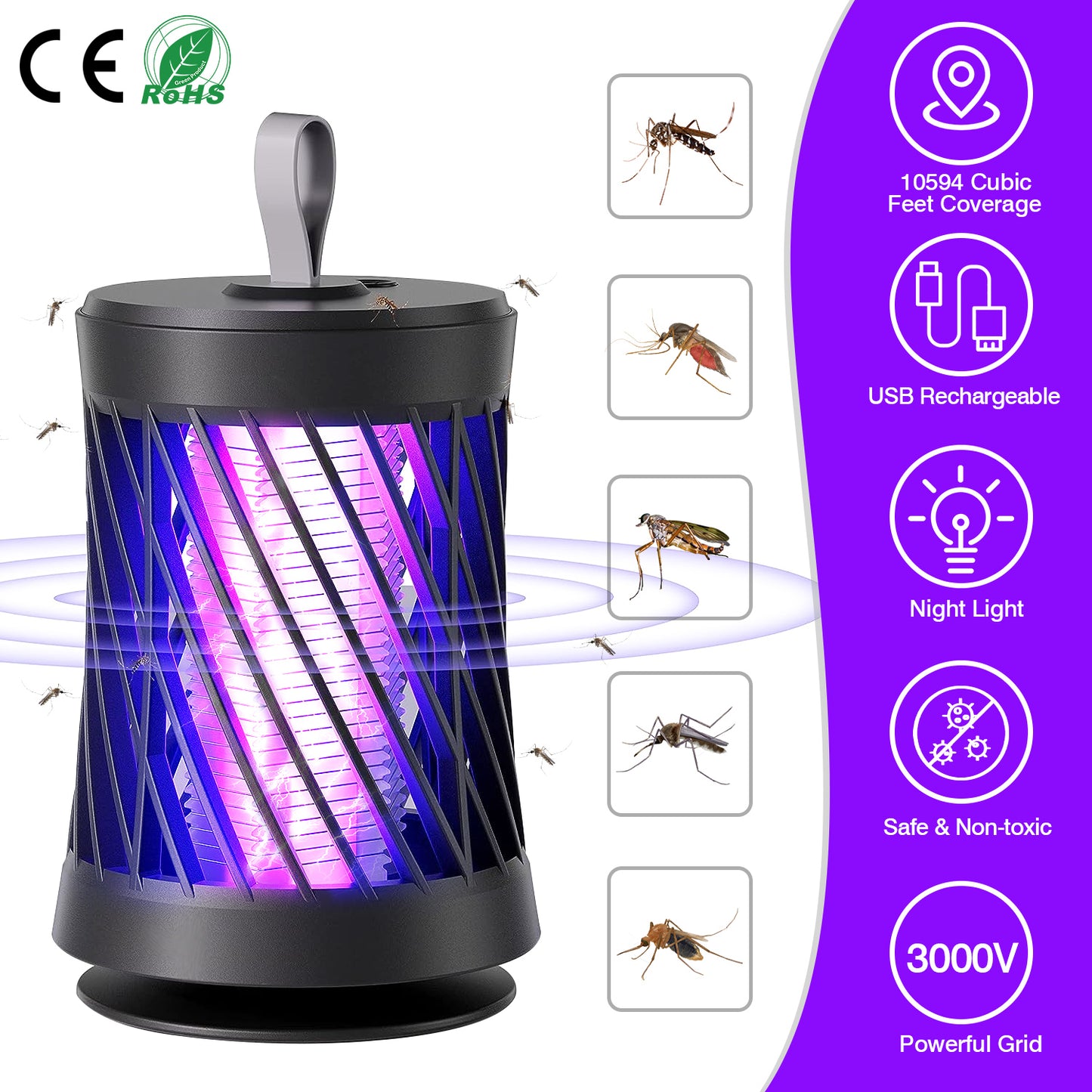 Rechargeable Mosquito Killer Lamp Bug Zapper with Night Light Strap Mosquito Catcher with Max 10594 Cubic Feet Range UV Light for Indoor Outdoor