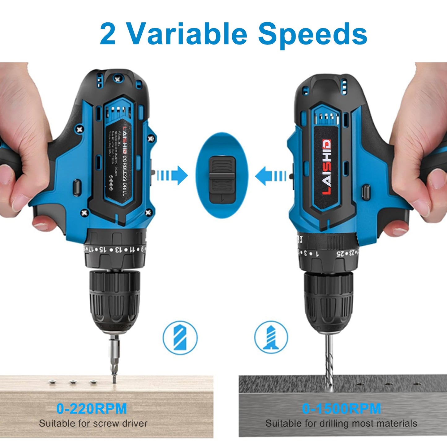 Cordless Drill Set With 2Pcs 28V Batteries and Charger 2 Variable Speeds 3/8In Keyless Chuck 265ln-lbs 25+3 Torque Positions Included 24Pcs Drill Bits