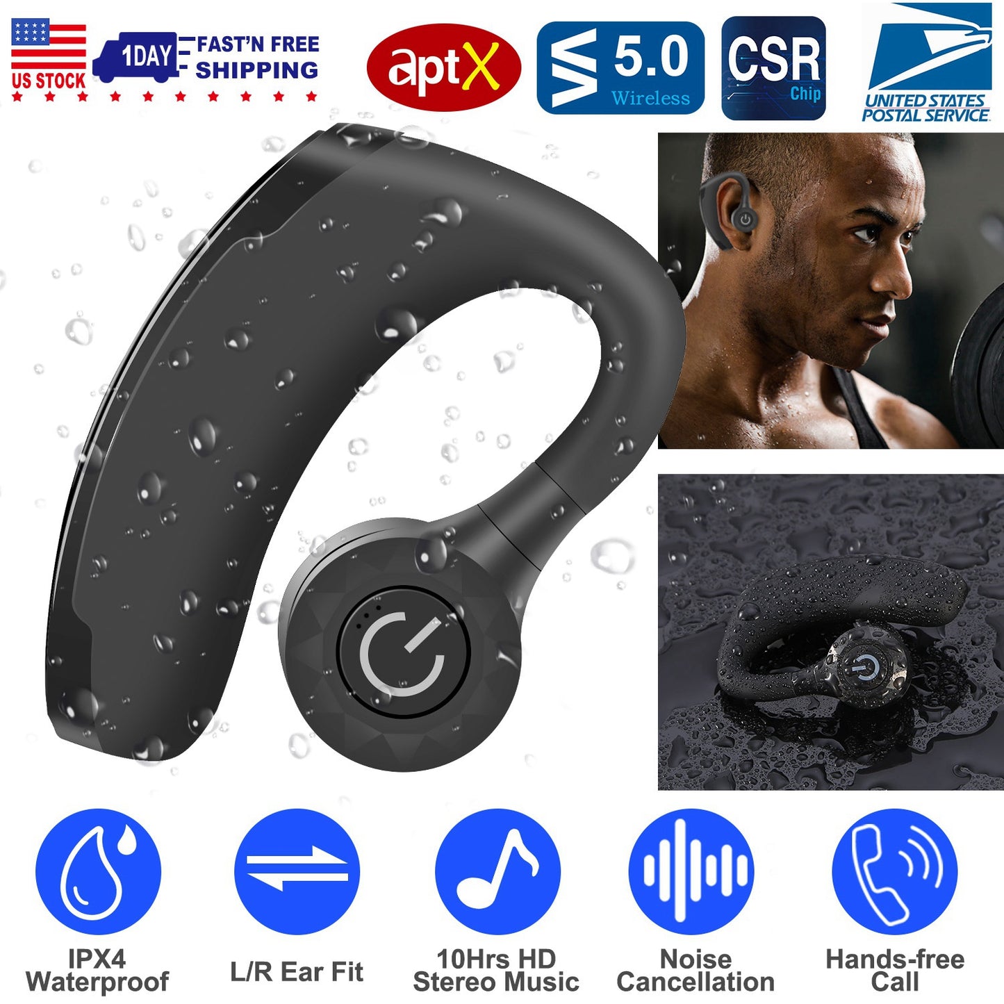 Title: Wireless V5.0 Earbuds In-Ear Earphones 10Hrs Playtime Ear Hook Earphone Waterproof HiFi Earpieces w/ Mic