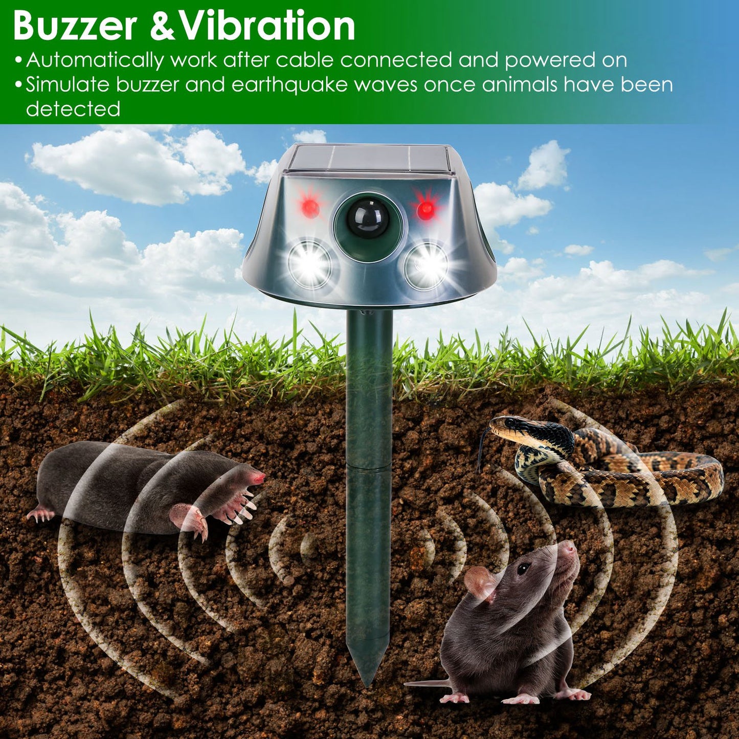 Ultrasonic Solar Animal Repeller Outdoor Mole Snake Squirrel Repellent Waterproof Bird Deer Dog Cat Deterrent with 3 Modes Motion Sensor Vibration Sta