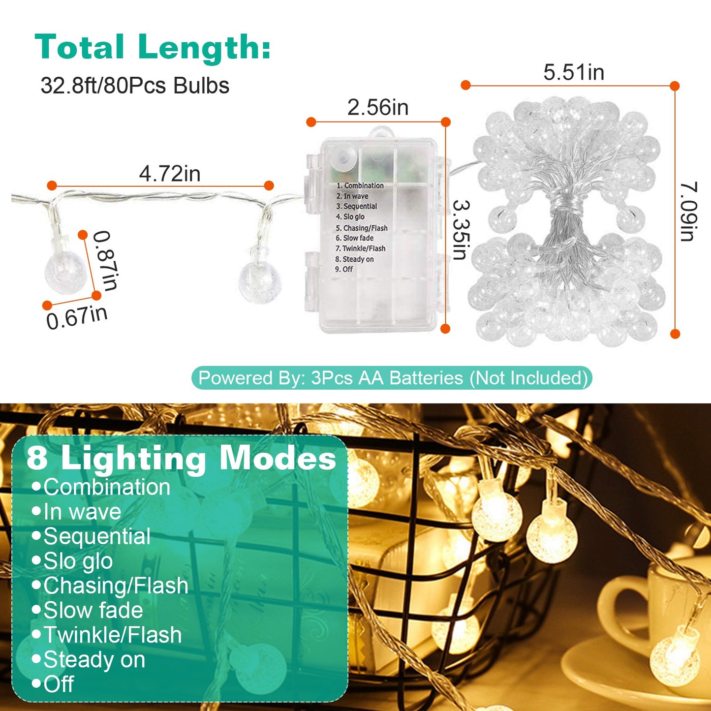 32.8Feet Globe String Lights Battery Powered Waterproof Decorative Fairy Lamp with 8 Lighting Modes Remote Control for Garden Lawn Patio