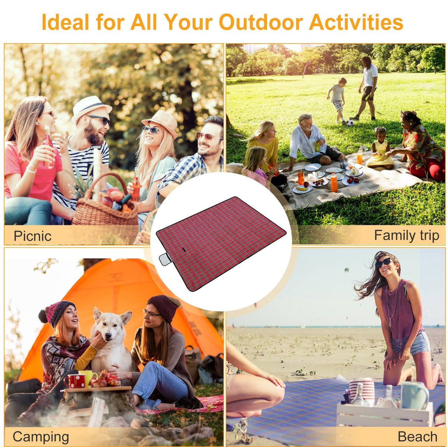 60" x 78" Waterproof Picnic Blanket Handy Mat with Strap Foldable Camping Rug for Camping Hiking Grass Travelling