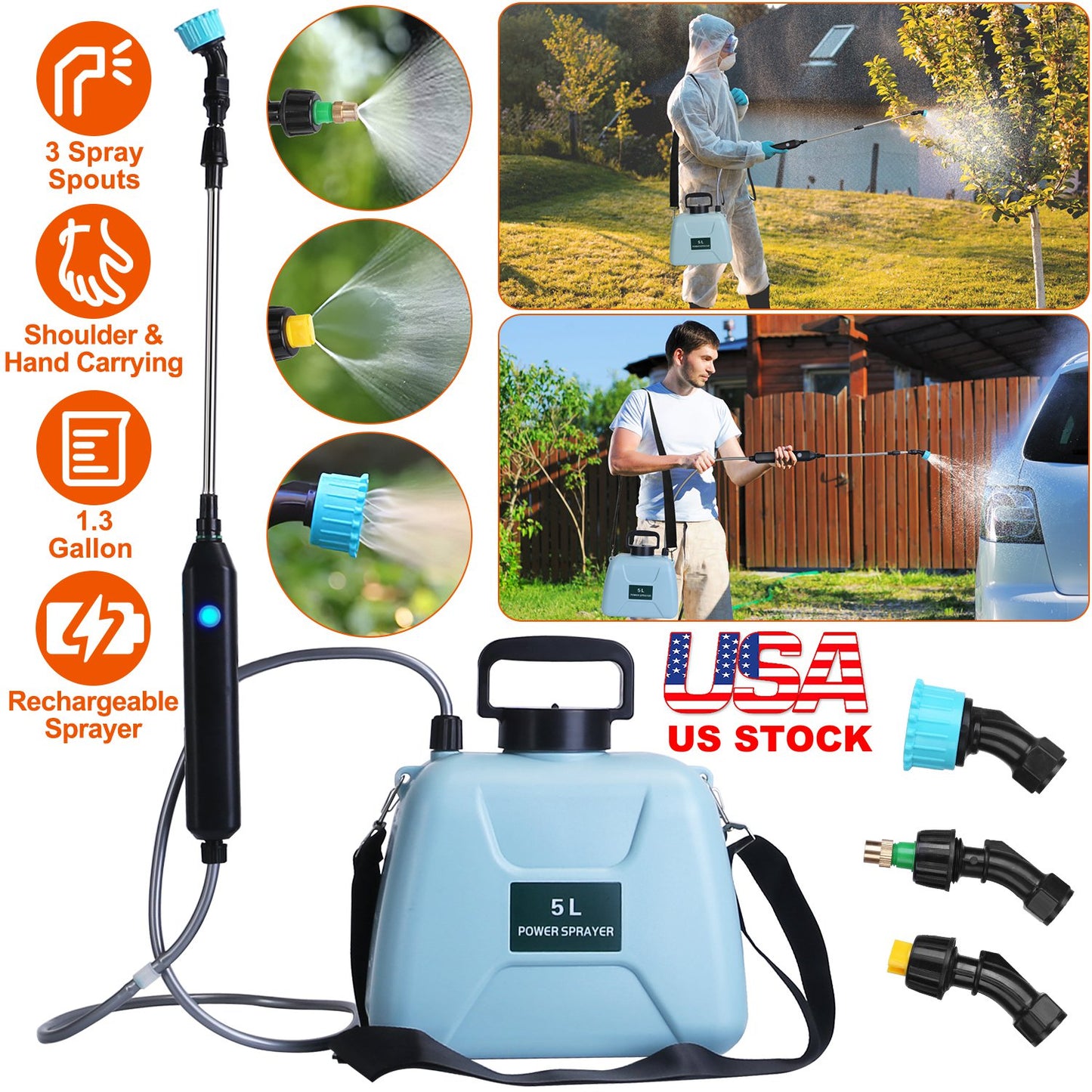 5L/1.3Gallon Electric Plant Sprayer Telescopic Rechargeable Garden Sprayer Automatic Handheld Sprayer with 3 Spray Spouts Shoulder Strap for Cleaning