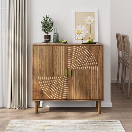 Walnut Buffet Sideboard Cabinet with Line Groove Doors