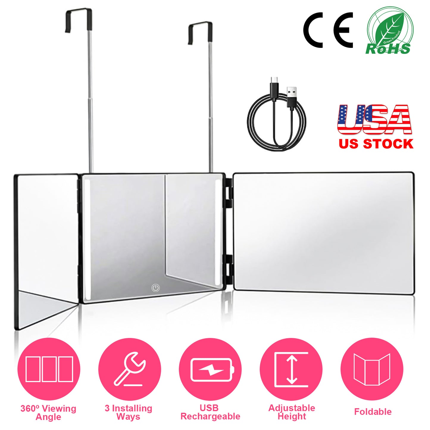 3 Way Mirror with LED Telescopic Hanger Tri-fold Mirror Personal Makeup Mirror with Micro USB Cable for Self Shaving Hair Cutting Dyeing Curling Braid