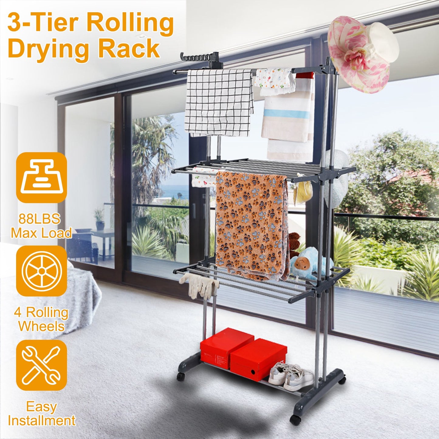 Clothes Drying Rack Rolling Collapsible Laundry Dryer Hanger Stand Rail ShelveWardrobe Clothing Drying Racks w/ Dual Side Wings