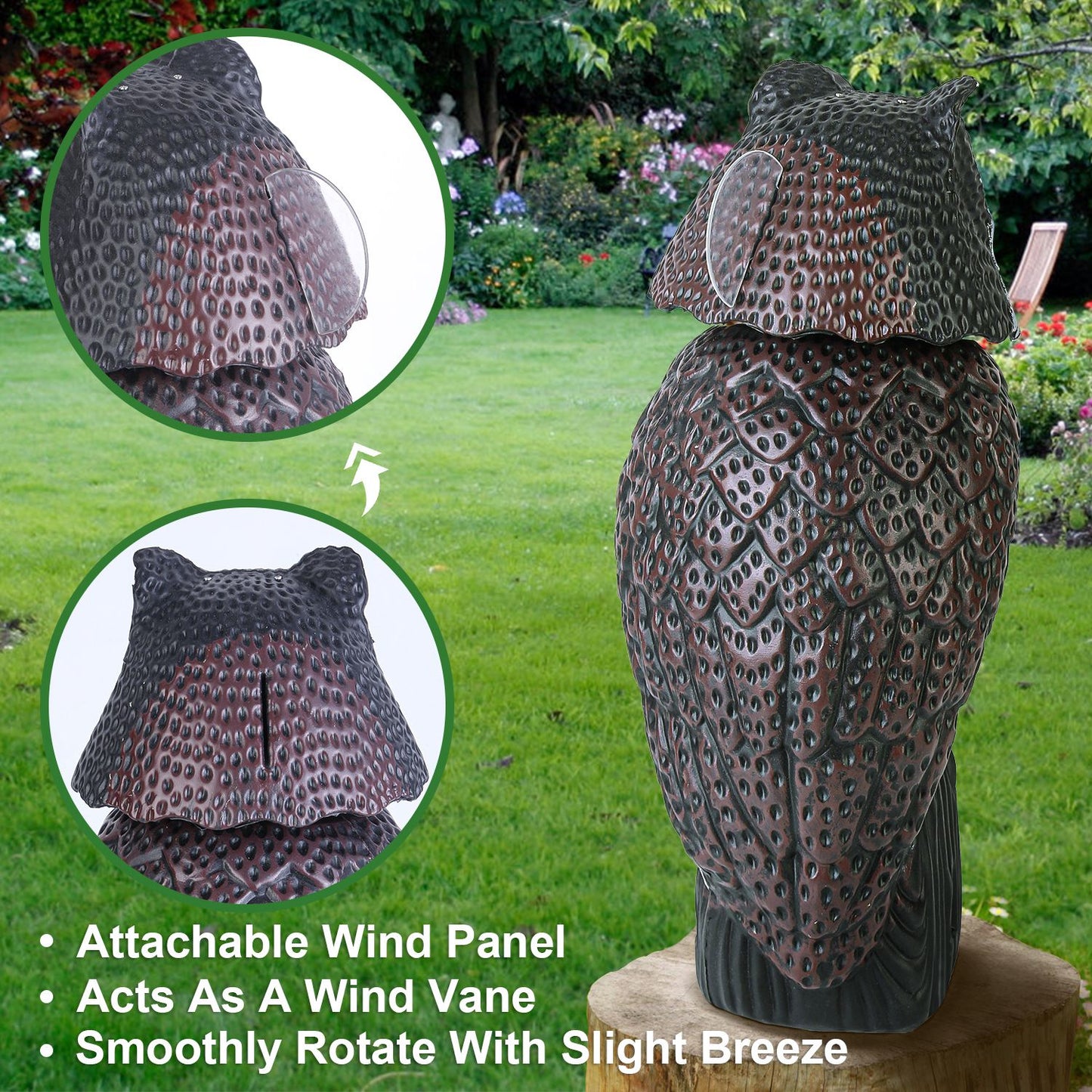 Lifelike Owl Decoy with 360 Degree Rotatable Head Scare Bird Squirrel Away Pest Repellent Bird Deterrent Outdoor Garden Yard Protector