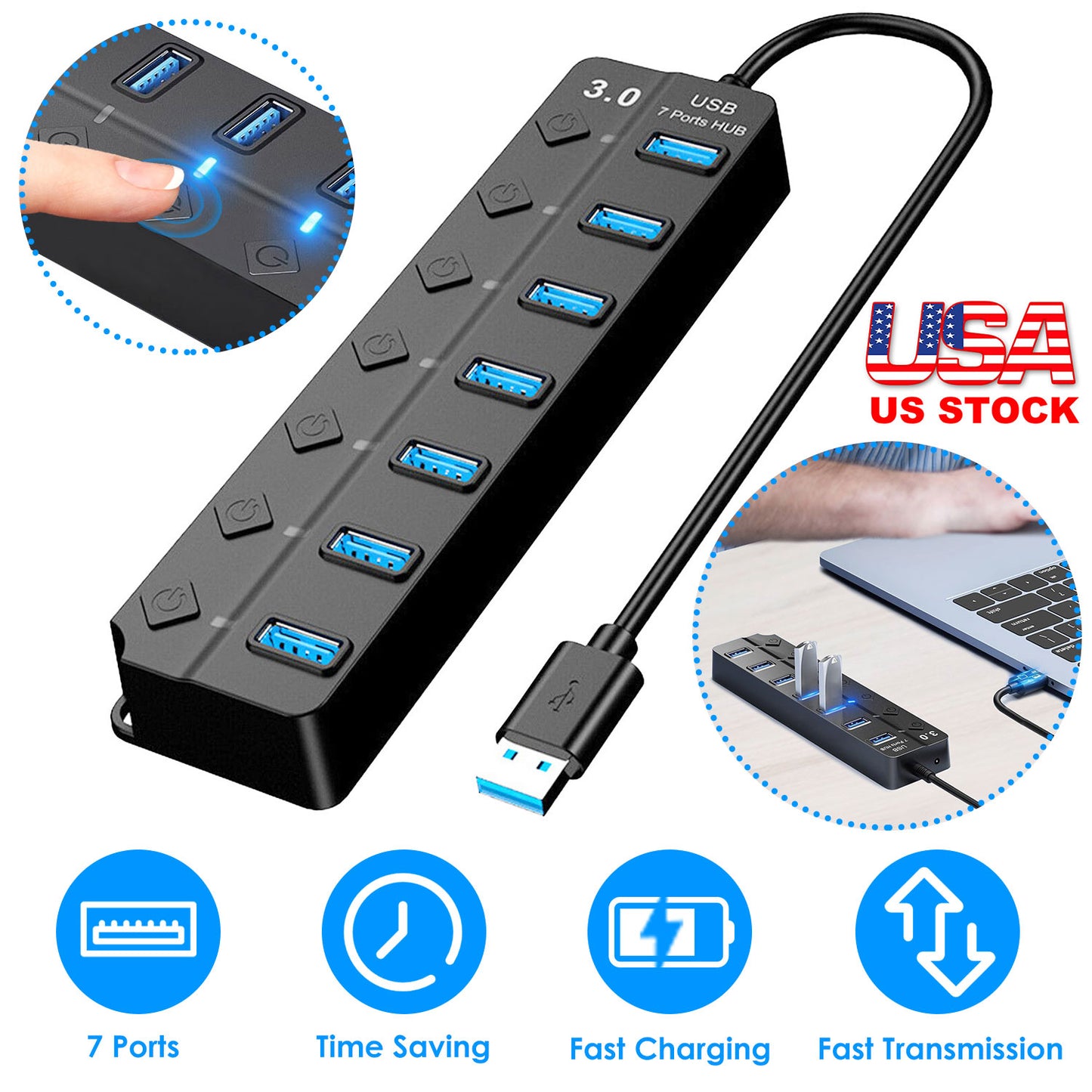 USB3.0 Hub Splitter 7Ports High Speed 5Gbps USB Data Expander with Separate ON OFF Switch for PC Computer