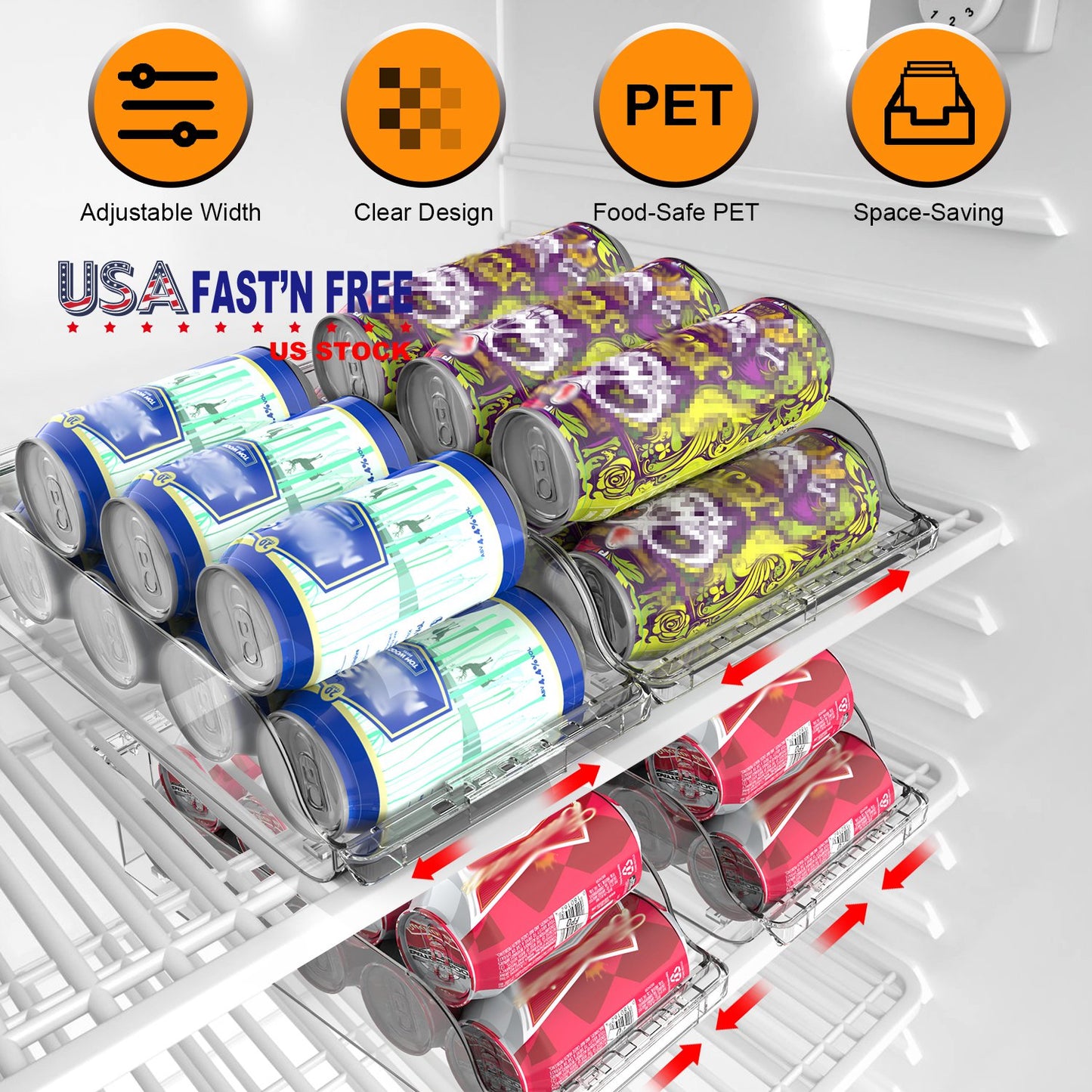 4Pcs Soda Can Organizers for Refrigerator Width Adjustable Clear Drink Organizer Expandable Can Holder Dispenser for Fridge Pantry Freezer